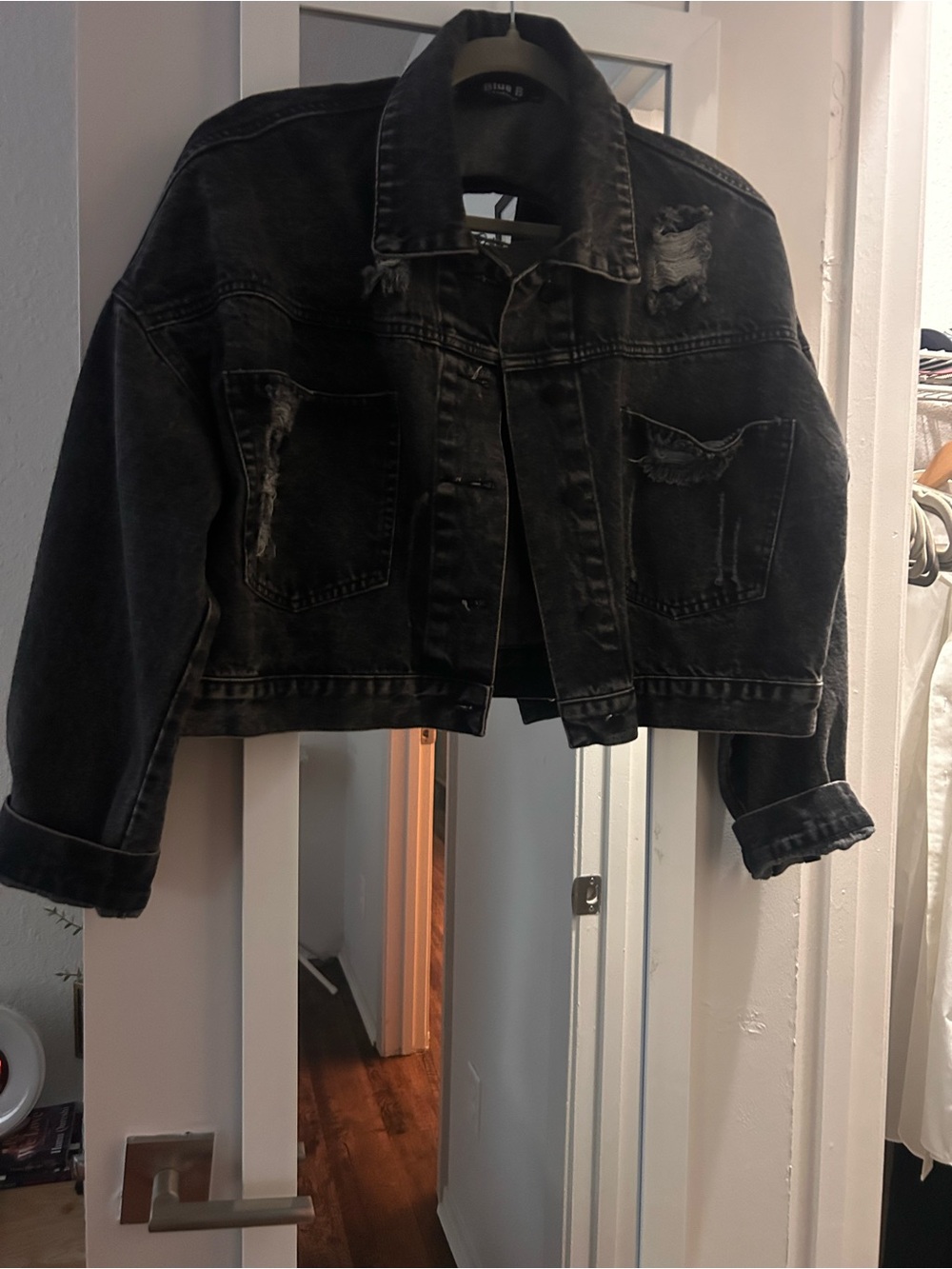 Women’s Cropped Distressed Black Denim Jacket